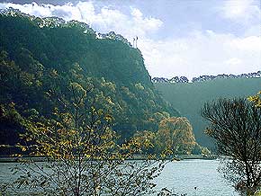 Lorelei rock in opposite light. View from the Lorelei harbor wall in the Rhine, 6. November 1998,  Picture: WHO, Wilhelm Hermann, Oberwesel